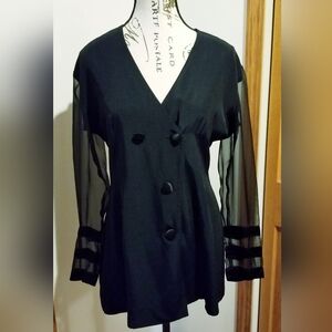 Vtg Y2K Cache Black Sheer Striped Panel Sleeve Buttoned Blazer Jacket 8 Cocktail
